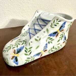 Andrea By Sadek White Porcelain Hand-Painted Butterfly + Leaf Baby Shoe Figurine